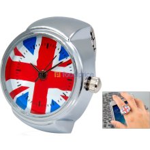 The Union Jack Quartz Movement Analog Finger Ring Watch with Copper Plated Alloy Strap (Silver)