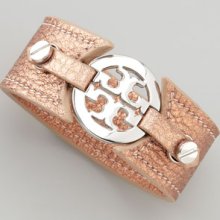 Tory Burch Metallic Logo Double-Snap Cuff, Salmon