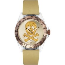 Toy Unisex Yellow CZ Skull Design Dial Gold Satin Band Analog Watch