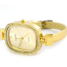 Trend Pu Leather Slim Band Gold Diamond Square Dial Glaze Women Wrist Watchâ€“gold