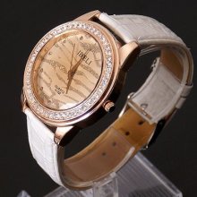 Trendy Ladies Girls Crystal Rose Golden Case White Leather Quartz Wrist Watch