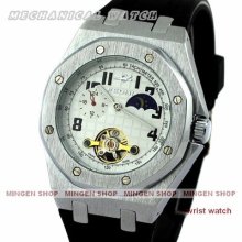 U083 - White Automatic Mechanical Moonphase Tourbillon Silicone Strap Men Watch