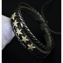 U09 Surfer Cool Leather Hemp Braided Bracelet Wristband Bangle Metal Stars Black