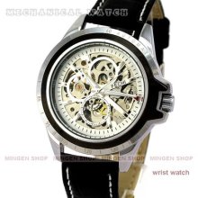 U170 Automatic Mechanical Skeleton Black Leather & White Dial Men Sport Watch