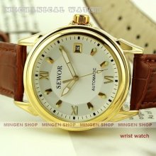 U204 Luxury Gold Case Pu Leather Date Automatic Mechanical Men Wrist Watch White