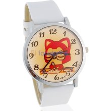 Unisex Cute Cartoon Ali Pattern Analog Watch with PU Leather Strap (White)