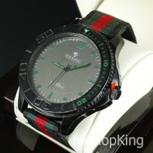 Unisex Red/green Fabric Nylon Band Sport Casual Watch Hours Easy Read Dial