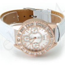 Unisex White Pu Leather Rhinestone Crystal Quartz Wrist Watch Gift