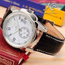 Us+tracking Ks Automatic Mechanical White Dial Date Leather Men Sport Watch Gift