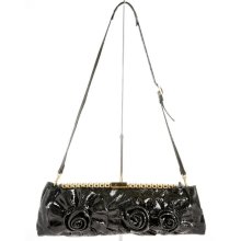 Valentino Black Snakeskin Rosette Embellished Clutch Handbag