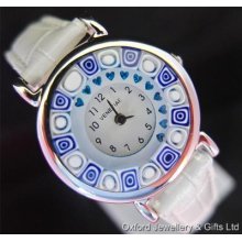 Venetian Millefiori Murano Glass 'blue Heart' Quartz Watch Blue & White Glass