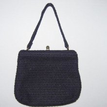 Vintage 1950s 60s Black Beaded Handbag Purse