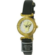 Vintage American Silver Coins Gold-Tone Round Women's Black Leather Strap Watch