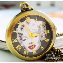 Vintage Beauty Lady Head Quartz Pocket Watch Chain Antique Roman Num