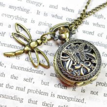 vintage butterfly Pocket watch Locket Necklace, with a cute dragonfly