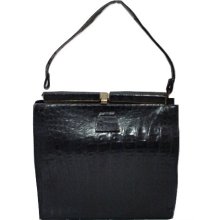 Vintage Crocodile Bag Black Large 1940s 1950's Kelly Style Purse