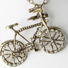 Vintage Inspire Gold Tone Cycle Bicycle Bike Crystal Rhinestone Pendant Necklace