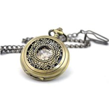 Vintage Mens Mechanical Hand Wind Pocket Watch Brass Tone + Chain Pw026