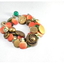 Vintage owl button bracelet metal and glass buttons in orange, green, gold and black