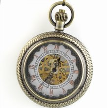 Vintage See Through Skeleton Brass Magnifying Glass Mens Mechanical Pocket Watch