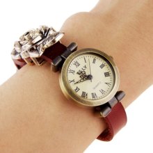 Vintage Style Round Dial Women's Quartz Watch (Red) - Stainless Steel - Red