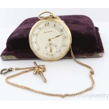 Vintage Swiss Bulova Rolled Gold Pocket Watch & Chain Size 12 Original Box