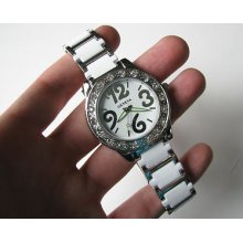 Vtg Chrome Metal White Band Faux Diamond Bezel Geneva Lg Face Mens Womens Watch