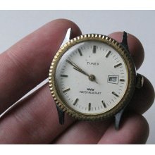 Vtg Old Analog Timex 2 Tone Gold Silver Chrome Date Classic Mens Dress Watch W25