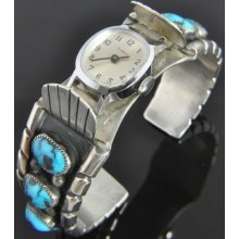 Vtg Timex Sterling Silver Native American Turquoise Manual Watch Cuff Bracelet