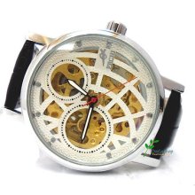 Waterproof No 8 Automatic White Brown Gold Skeleton Leather Wrist Watch, Men