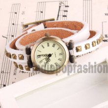 Weave Wrap Around Genuine Leather Rivet Men Women Quartz Wrist Watch White