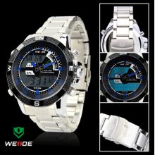 Weide Mens Blue Hands Dial Stainless Steel Digital Quartz Sport Wrist Watch