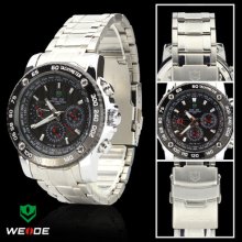 Weide Mens Classic Black Chronograph Dial Chrome Silver Band Swiss Quartz Watch