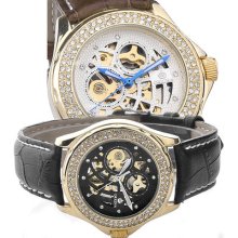 Wemen's Crystal Decorated Noctilucent Hollow Mechanical Automatic Wrist Watch