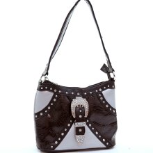 Western Floral Embossed Shoulder Bag with Rhinestone Decorative Buckle Front