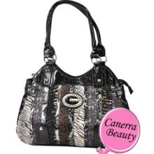 Western Signature Glittery Zebra Patchwork Shoulder Hobo Handbag Black