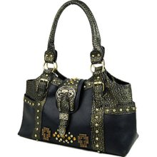 Western Style Belted Closure Cross Design Studded Tote Handbag Purse Black