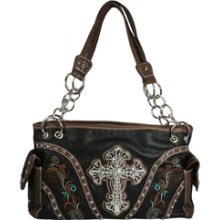 Western Style Satchel with Filigree Rhinestone Cross and Embroidery in