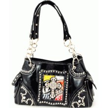 Western Tooled Black Funky Colors Silver Crystal Cross Link Handbag Purse