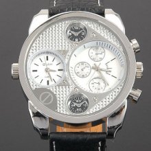 White 50mm Jumbo Big Fashion Men's Quartz Watches Dual Time Dials Leather Strap