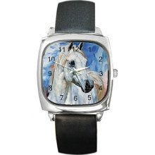 White Arabian Horse on a Square Watch w/Leather NEW - Leather