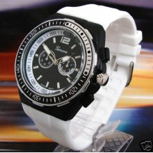 White Black 2d Geneva Silicone Rubber Band Rotating Bezel Sport Watch