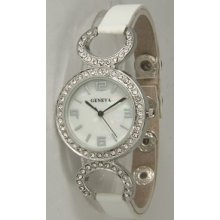 White Geneva Bracelet Watch W/ Rhinestones Designer Bling Fashion 0434