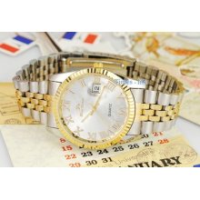 White Gents Dial Date Light Fashion Watch Mens Quartz Steel Stainless Gold