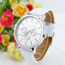 White Leather Strap Quartz Women Analog Round Wrist Watch Leisure M693w