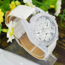 White Leather Strap Women Round Quartz Crystal Lady Wrist Watch Luxury Stylish