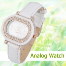 White Pu Band Diamante Quartz Analog Watch Wrist Fashion Gift For Ladies/women