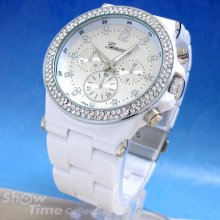 White Silver Geneva Wide Acrylic Bracelet Crystal Bezel Oversized Women's Watch