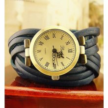 Woman Width Genuine Leather Weave Strap Retro Style Dial Quartz Watch