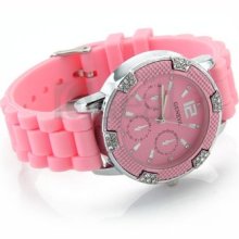 Women Pink Gel Silicone Rubber Rhinestone Crystal Quartz Wrist Sport Watch